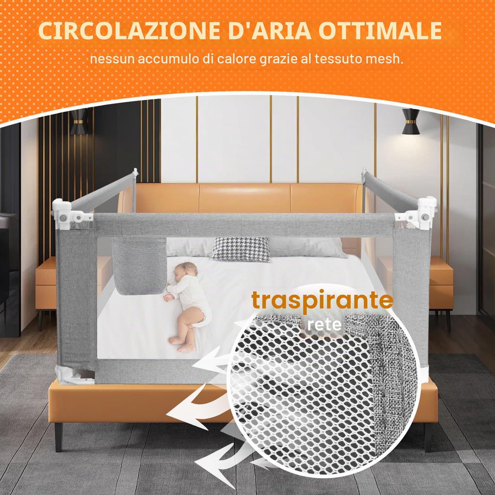 Sponda letto matrimoniale, griglia di protezione per lettini,sponda letto bambini 200 cm, grigio sponda letto matrimoniale per bambini