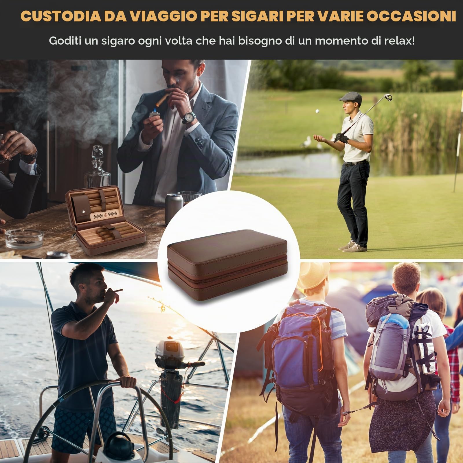 LIHTUN Humidor per sigari, Humidor da viaggio in cedro in pelle con kit accendisigari multifunzionale 5 in 1 - Humidor da viaggio portatile e 2 pacchetti di controllo dell'umidità a due vie