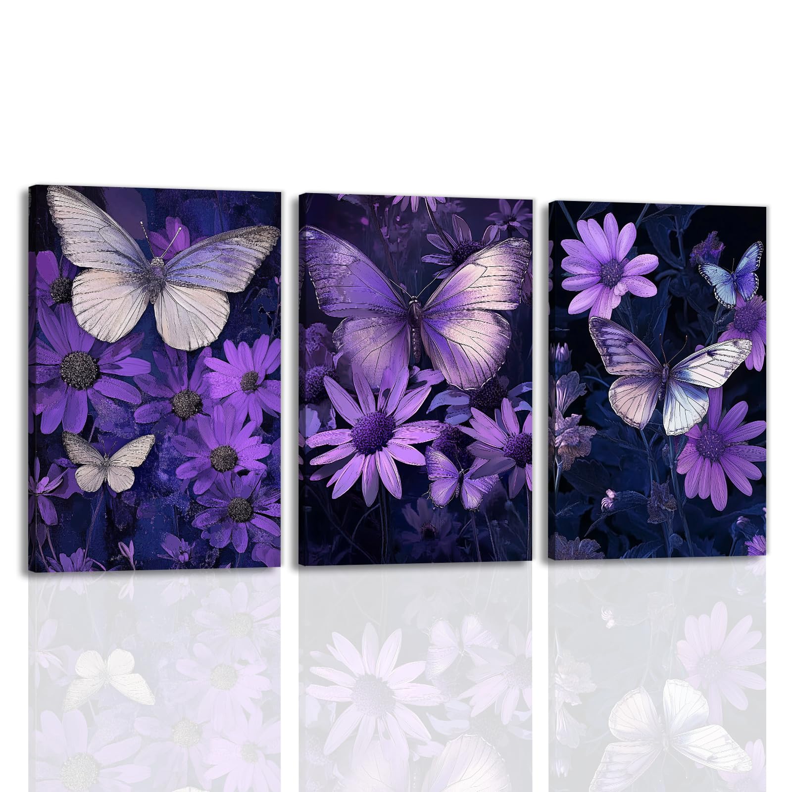 Butterfly Wall Art Black Purple Butterflies Picture Canvas Print 3 Pieces Botanical Butterfly Painting Modern Artwork Home Decoration Ready To Hang(