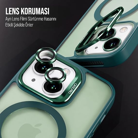 Babilden iPhone için Kılıf Kamera Korumalı Magsafe Wireless Şarj Özellikli Mat Şeffaf Renkli Standlı Kılıf (Lens Hediyeli) (Yeşil, iPhone 13)