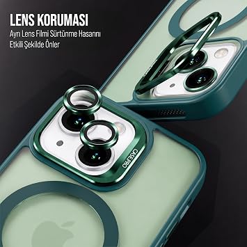 Babilden iPhone için Kılıf Kamera Korumalı Magsafe Wireless Şarj Özellikli Mat Şeffaf Renkli Standlı Kılıf (Lens Hediyeli) (Yeşil, iPhone 13)