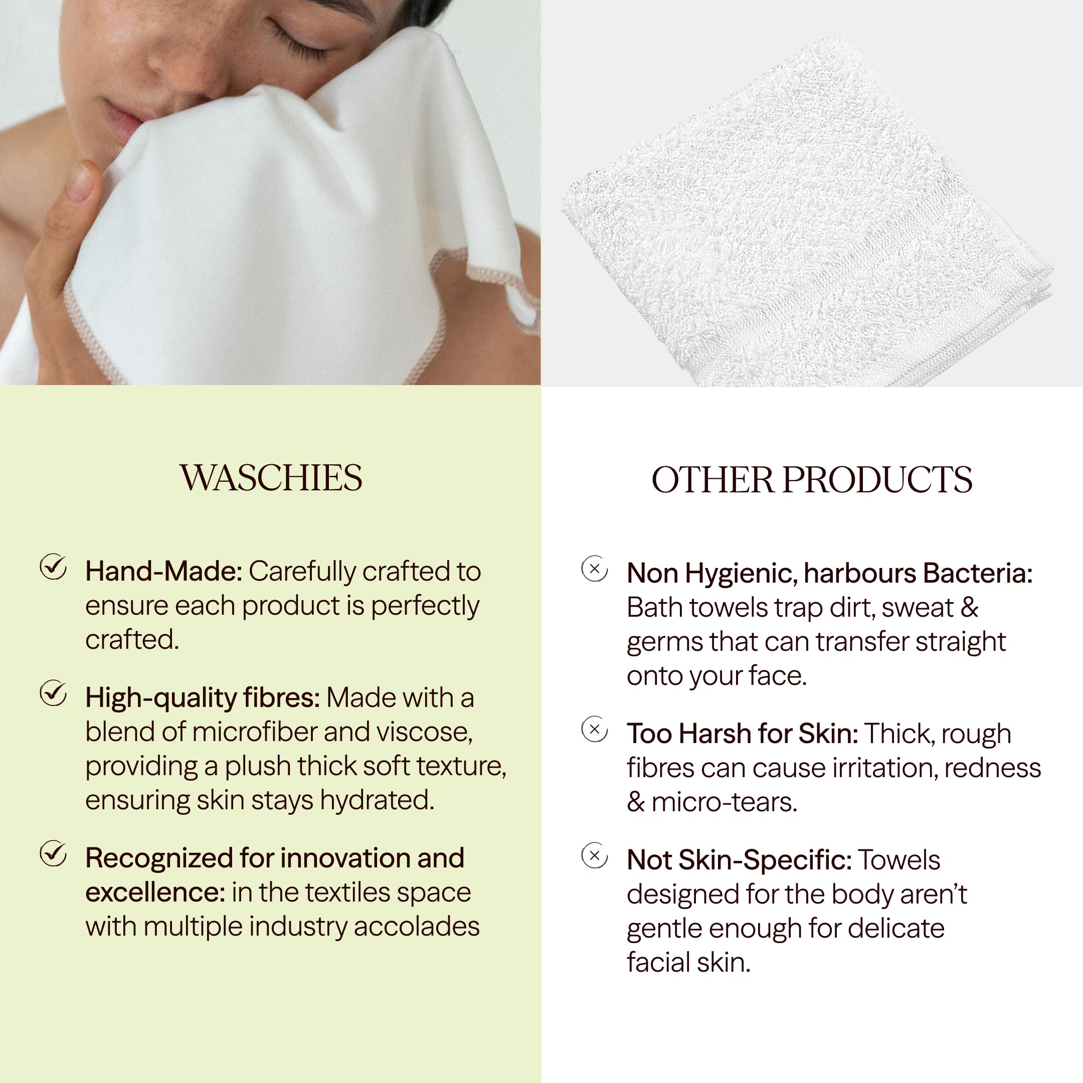 Waschies waschbare feine Gesichtstücher 5er-Set Braun/Weiß, Alle Hauttypen | Hygienisch zum Abtrocknen, reduziert Hautirritationen, Sanft & hypoallergen, waschbar, wiederverwendbar & nachhaltig