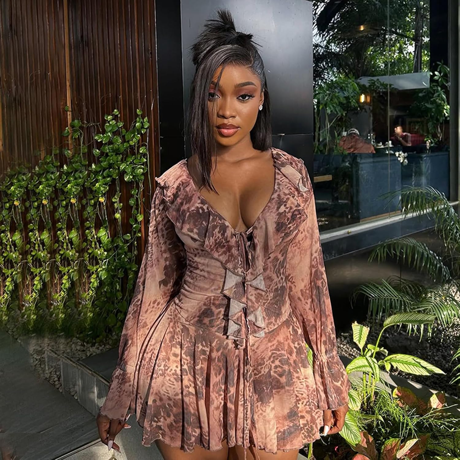 VWIWV Women Sexy Leopard Print Ruffle Mini Dress Lace up Long Sleeve Pleated Bodycon Short Party Club Mesh Dress - Image 5