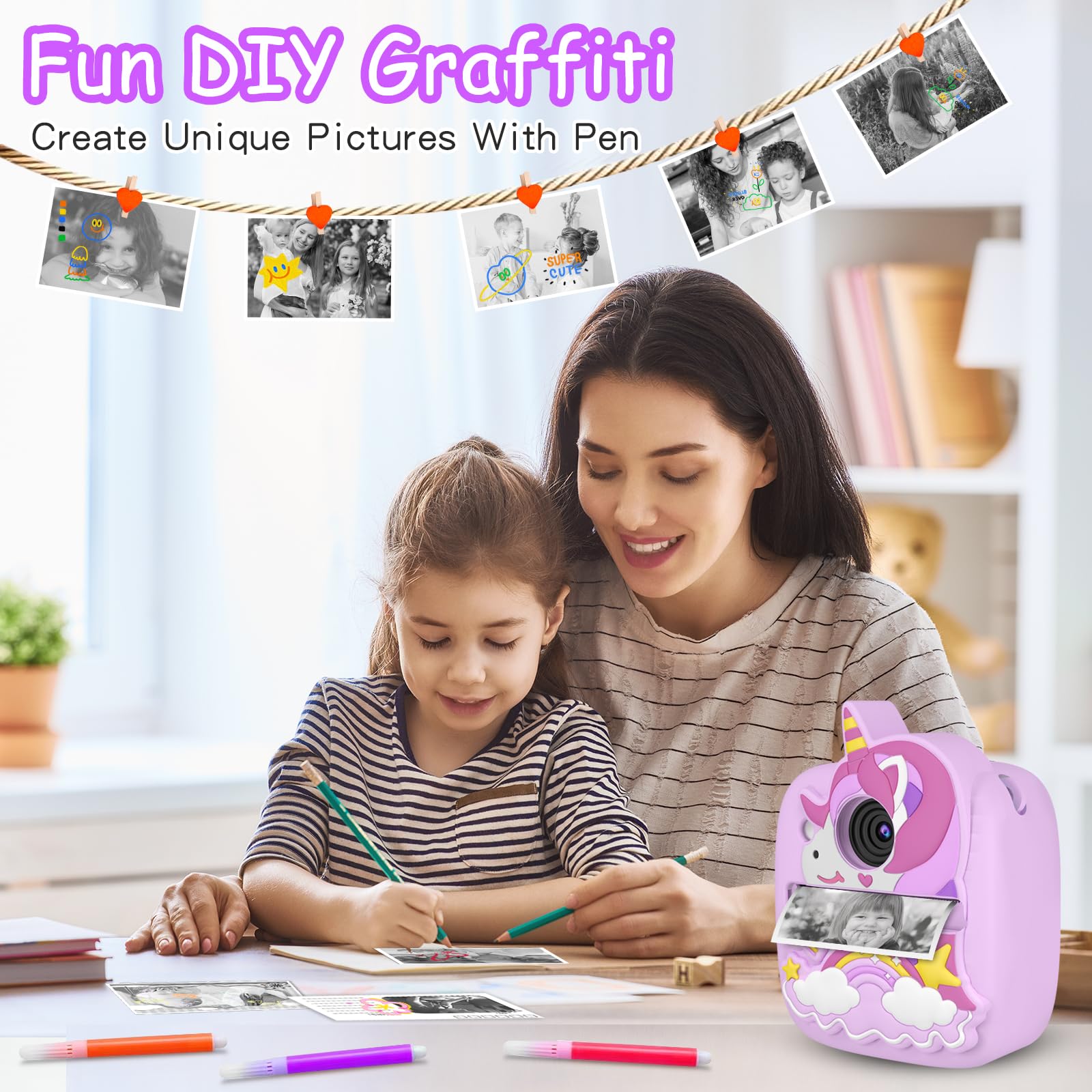 Appareil Photo Instantané Enfants, 1080P HD 48MP Appareil Photo Enfants avec 32GB Carte, 3 Rouleaux de Papier d'impression & Étui Protection en Silicone Unicorn, Cadeaux de Noël pour Garçon 3-12 Ans