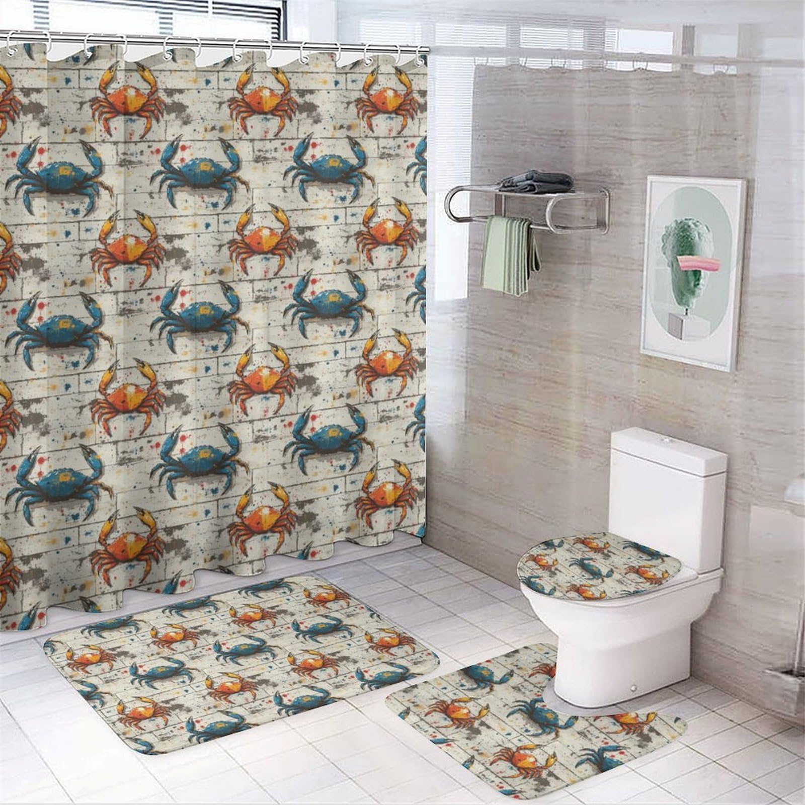 Ensemble de 4 pièces de salle de bain avec rideau de douche et tapis – Tapis de salle de bain tendance et moderne imprimé crabe bleu orange – Accessoires de décoration pour forme de U et tapis de