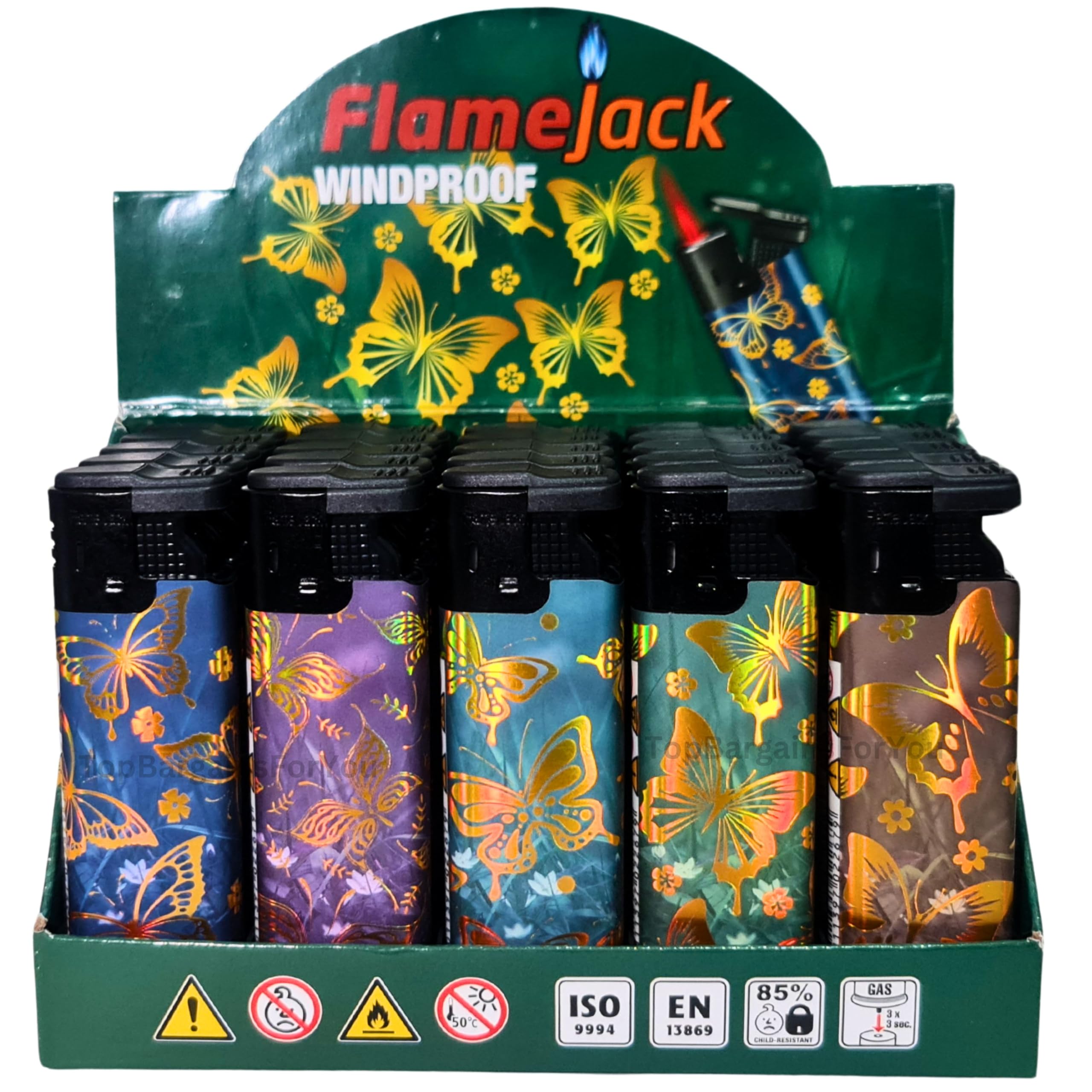 Zactly Multicolor - 5 X Flamejack Colourful Windproof Dustproof Jet Lighters Really Powerful – Limited Edition (Golden Butterflies)