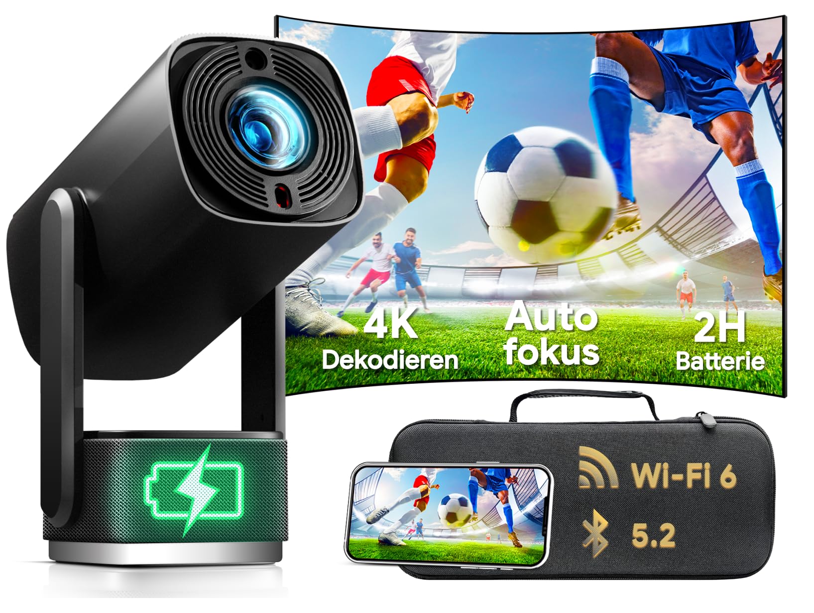 Beamer Mit Akku 【 ±270° Drehbar/Autofokus/Trapezkorrektur/Android Os 】 K2 Smart Projektor Mit WiFi Und Bluetooth, FüR Schlafzimmer Decke DraußEn Tragbar Film UnterstüTzt 1080p 4k Videowiedergabe