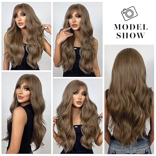 Miniatura 5 de YOUGRACE Peluca larga de mezcla marrón con flequillo, pelucas rizadas y onduladas de color marrón para mujer, 26 pulgadas, peluca de fibra sintética