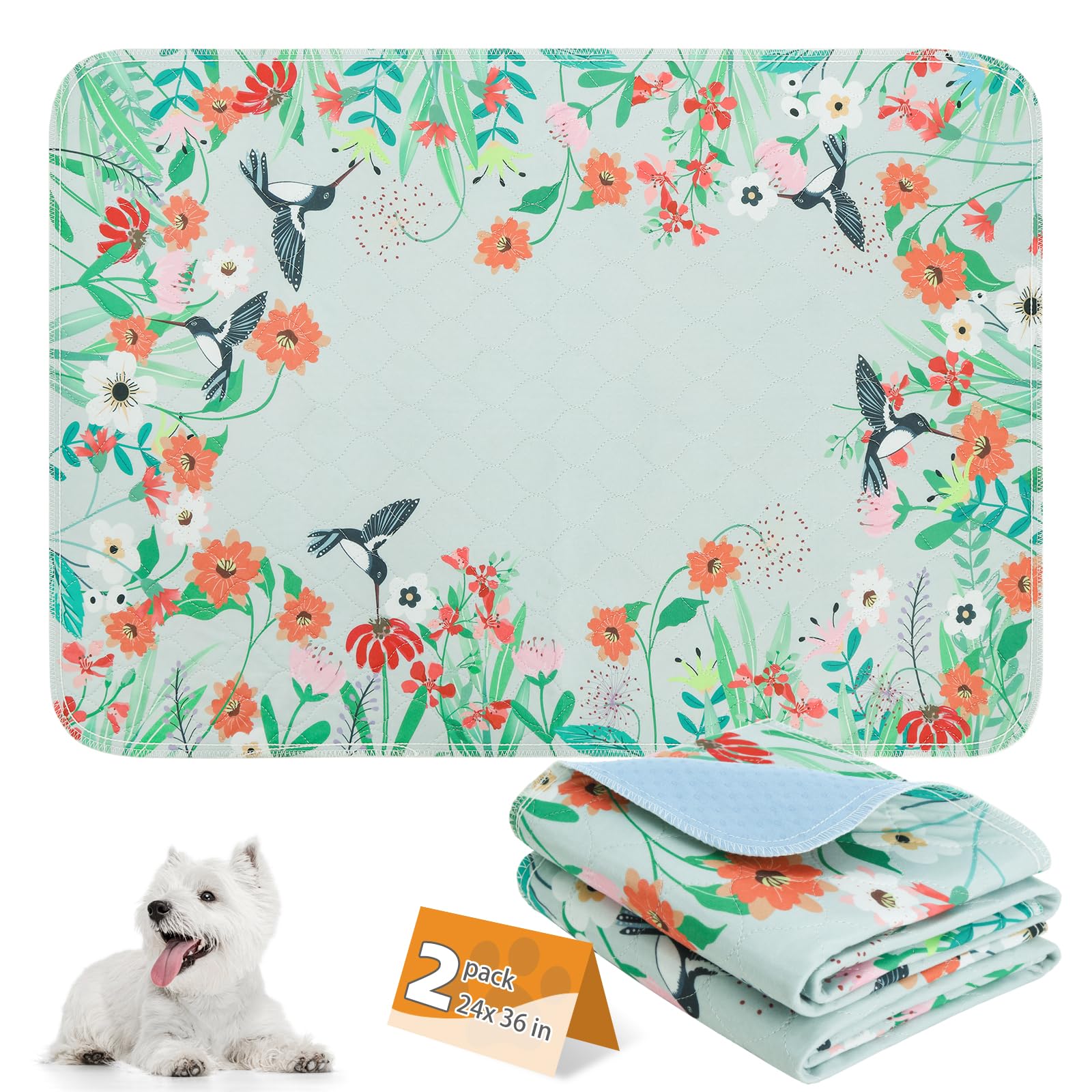 KOOLTAIL Washable Pee Pads for Dogs, 2 Pack Spring Pet Mats Outdoor Picnic Camping, Super Absorbent Reusable Puppy Training Pads Waterproof, Nonslip and Leak-Proof Dog Pee Pads for Floor, Car, 24"*36"