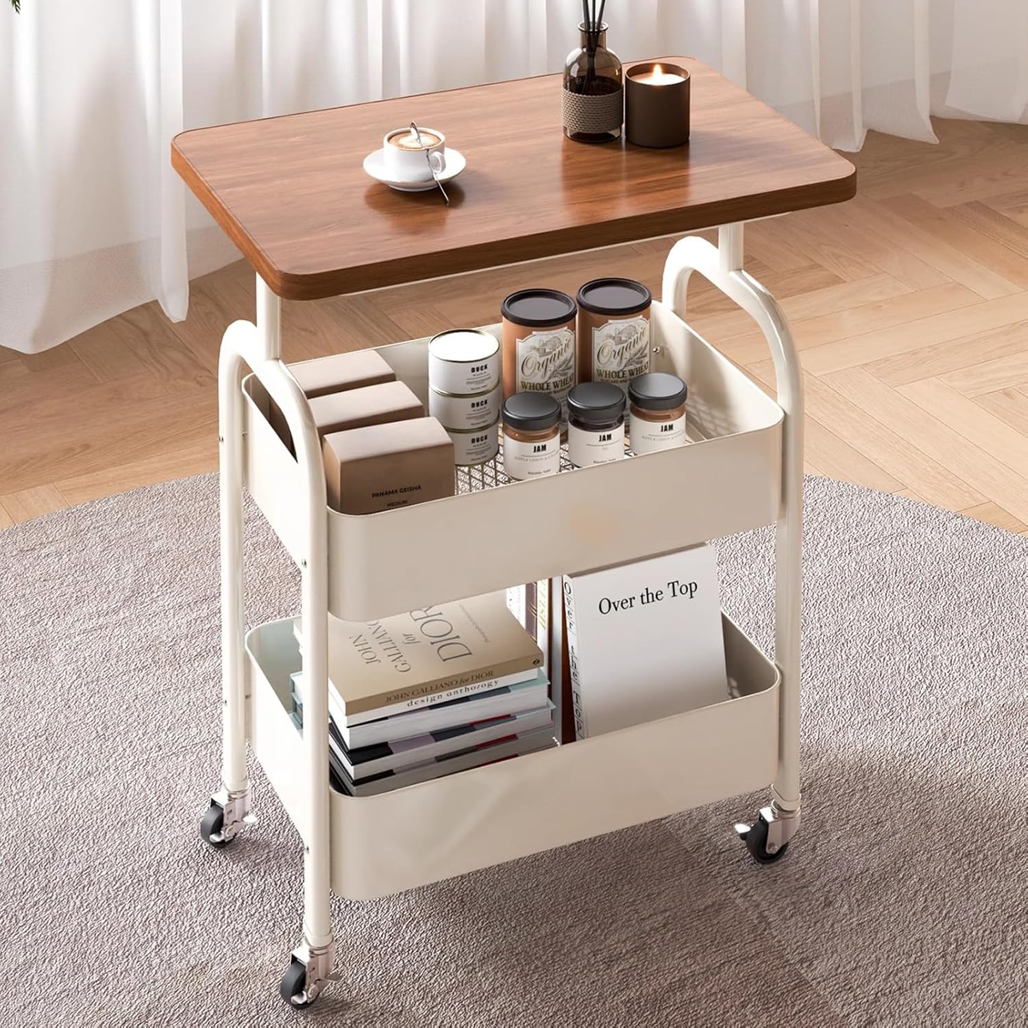 3-Tier Rolling Kitchen Cart - 30in Lightweight Storage Cart with Solid Wood Tabletop & 2 Lockable Wheels, Utility Organizer for Kitchen, Bathroom, Office & Home Organization? White+walnut 43*30*77cm(16.9*11.8*30.3in) SIMILAR BUT NOT SAME