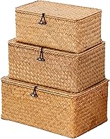 Nonam Natural Seagrass Storage Baskets with Lids - Set of 3 Handwoven Boho Shelf Bins for Home Organization & Decor