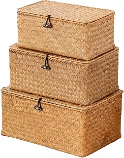 Nonam Natural Seagrass Storage Baskets with Lids - Set of 3 Handwoven Boho Shelf Bins for Home Organization & Decor