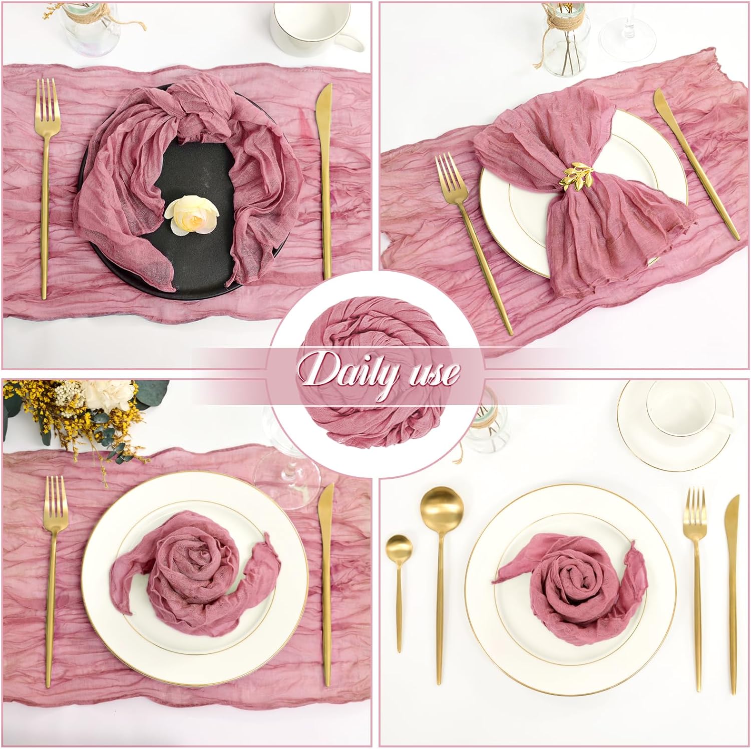 60 Pack Gauze Cheesecloth Napkins 20 x 20 Inch Wrinkled Dinner Napkins Soft Cotton Cloth Napkins Rustic Decorative Table Napkins for Weddings Party Dinner Table Everyday Use (Dusty Rose)