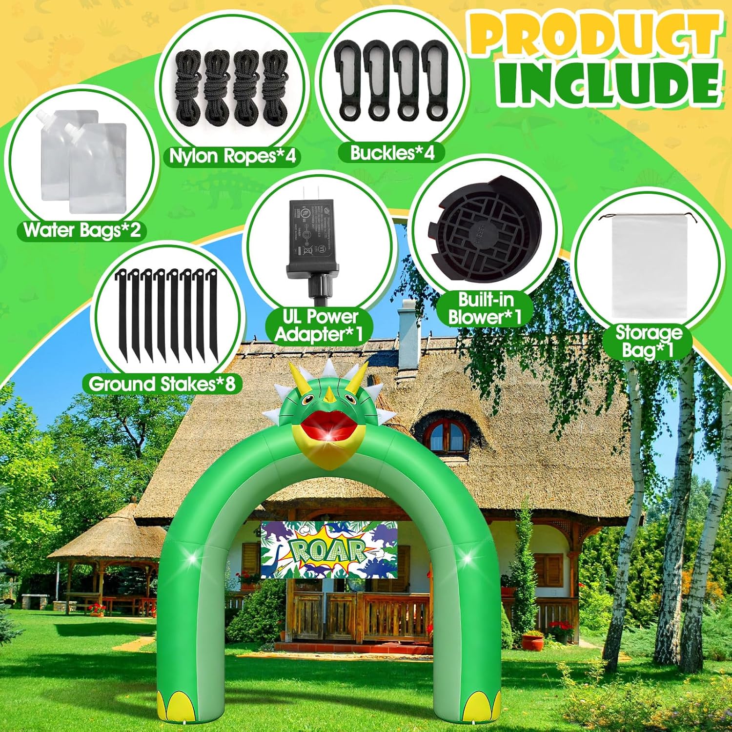 9.5FT Giant Triceratops Inflatable Arch - Dinosaur Birthday Party Decorations for Boys Kids, Jungle Theme Photo Backdrop with 1 Blower 2 Banners & 3 LED Lights, Outdoor Yard Blow-Up Decor