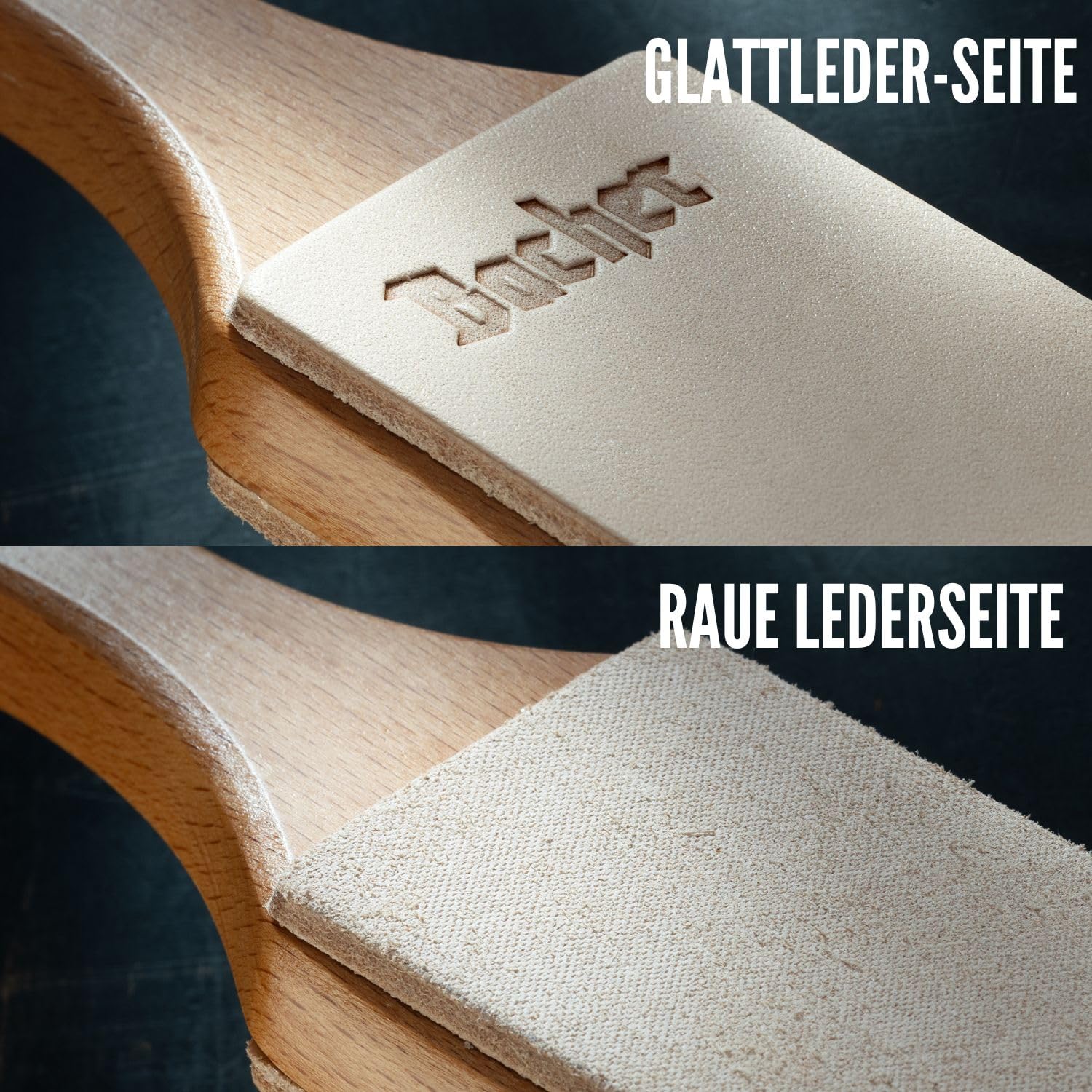 Bacher Premium Leder Streichriemen Abziehleder für Messer set mit 4 x 7g Polierpaste. Paddelgriff aus Hartholz, mit 1/8" starkem, rindengegerbtem Rindleder bezogen