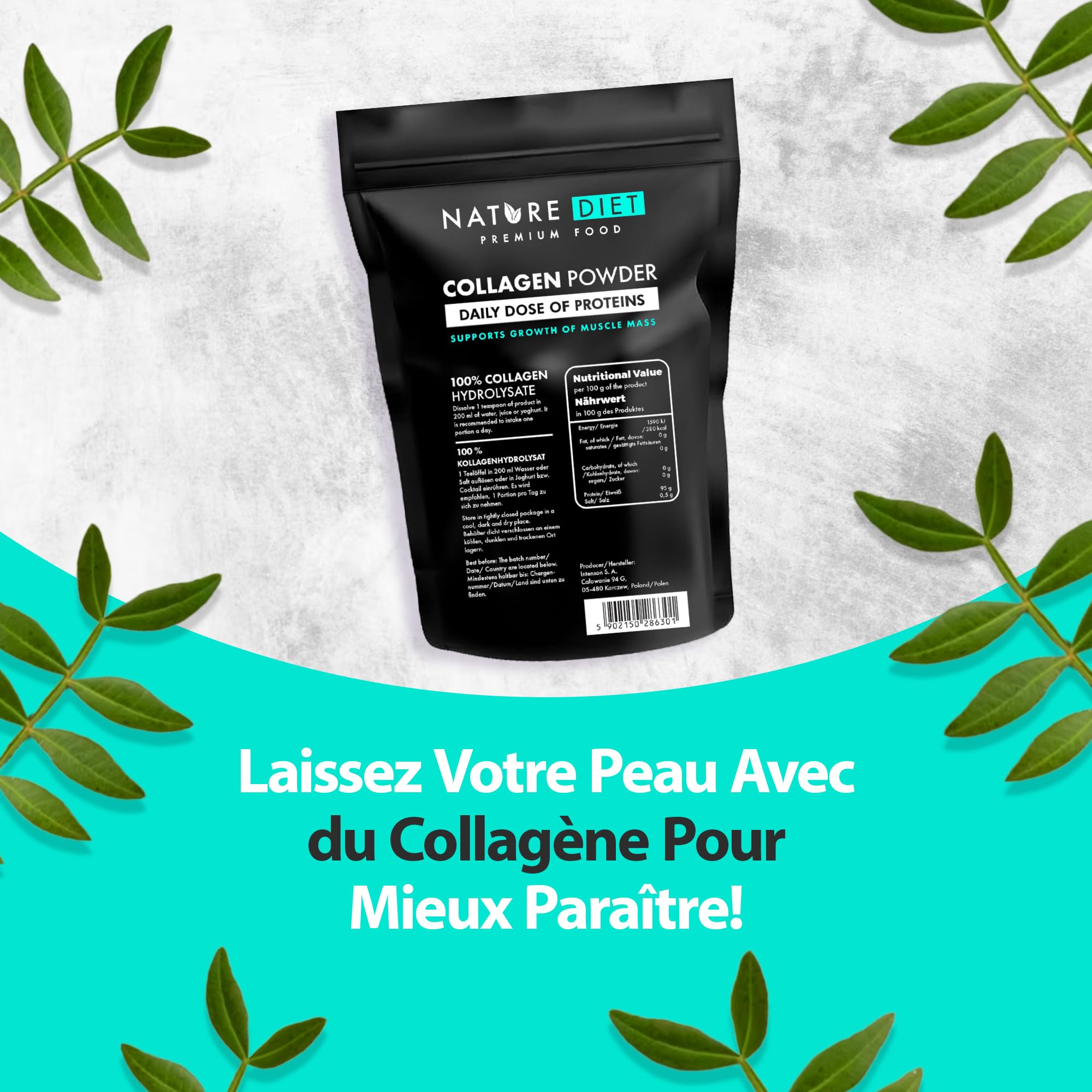 Nature Diet - Poudre de collagène (Type I, III) | 600 g | Hydrolysat | Sans saveur | Peptides de collagène