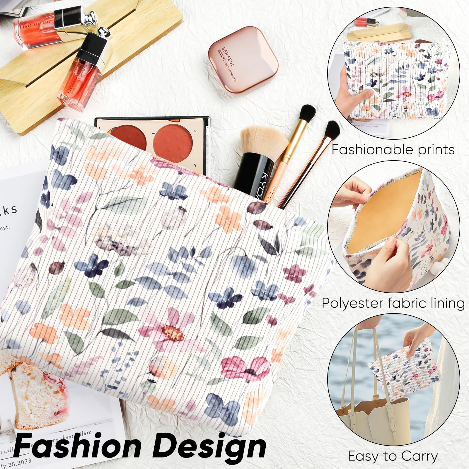 Ksriylm Cute Cosmetic Bag for Women,Floral Pattern Canvas Toiletry Organizer Storage with Purse Zipper,Small Multifunctional Travel Makeup Bag,Aesthetic Travel Toiletry Bags - Image 4
