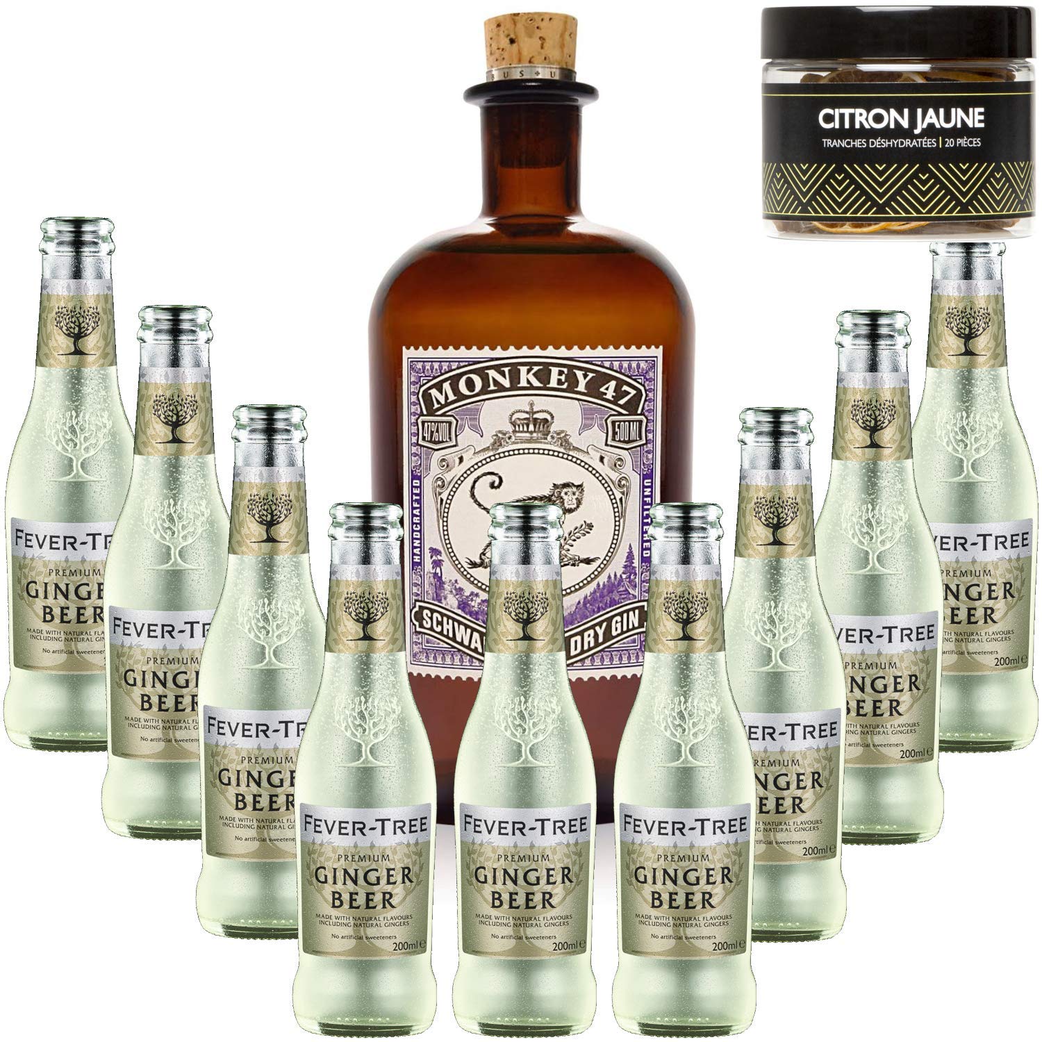 Paquete Gintonic - Monkey Gin + 9 Fever Tree Ginger Beer Agua - (50cl + 9 * 20cl) + Pot 20 rodajas de limón verde secaron