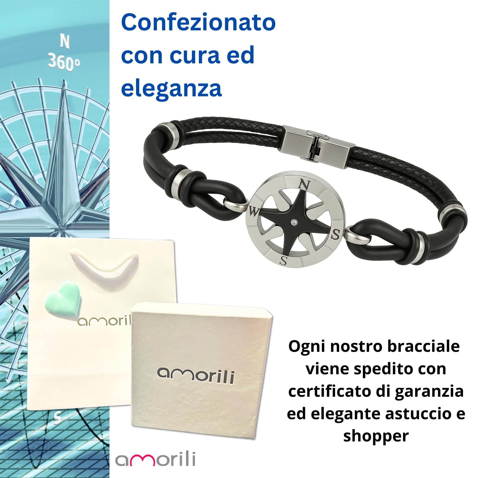 Bracciale Rosa dei Venti Uomo in Acciaio e Pelle Nera – Gioiello Nautico in Acciaio Inox, Design Compass, Idea Regalo Uomo bcc3044