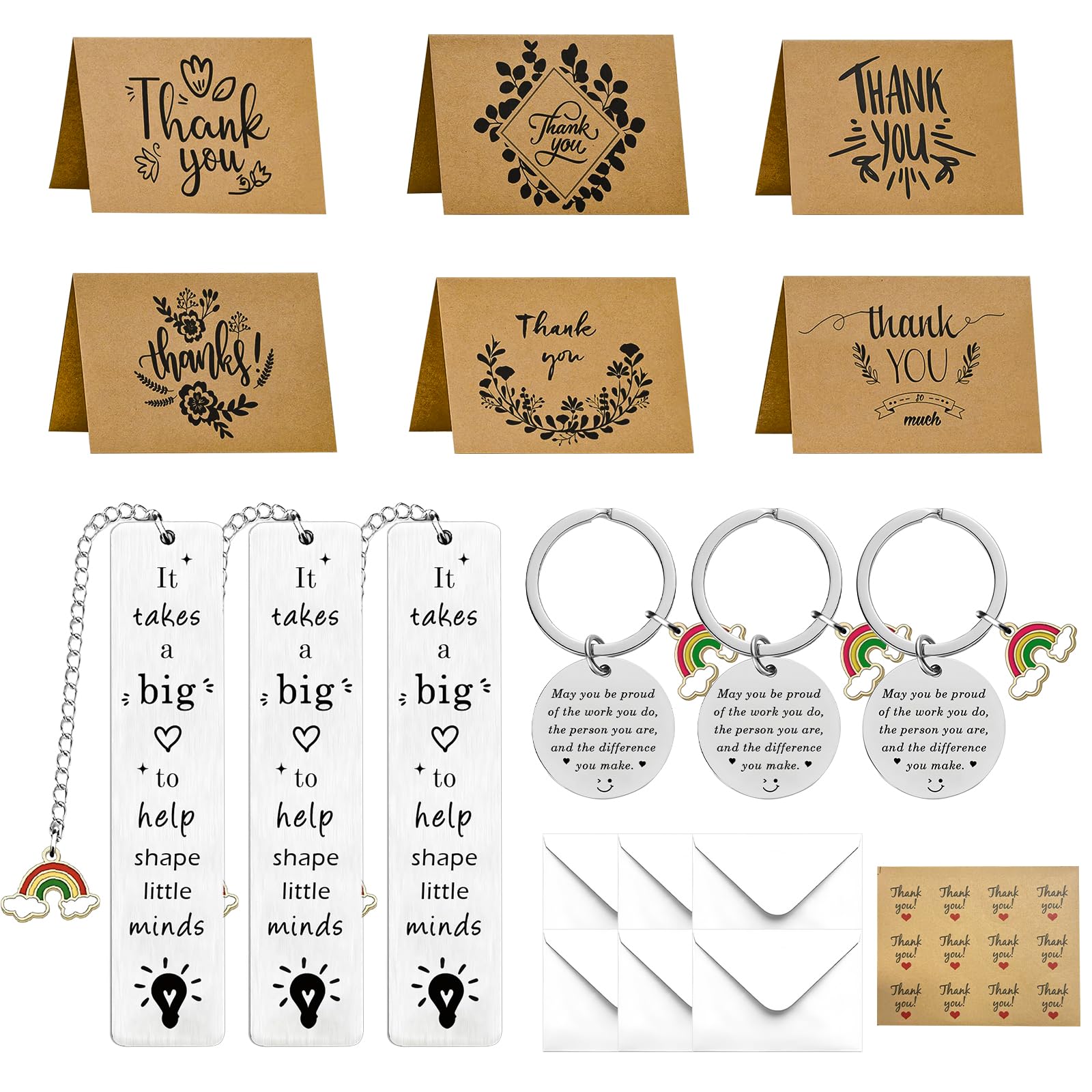 Thank You Teacher Gifts 6 Pack Thank You Card with Keychains Bookmarks Envelopes and Stickers Best Teacher Gifts for Women Men Thanksgiving Christmas Graduation Leaving Gifts Brown