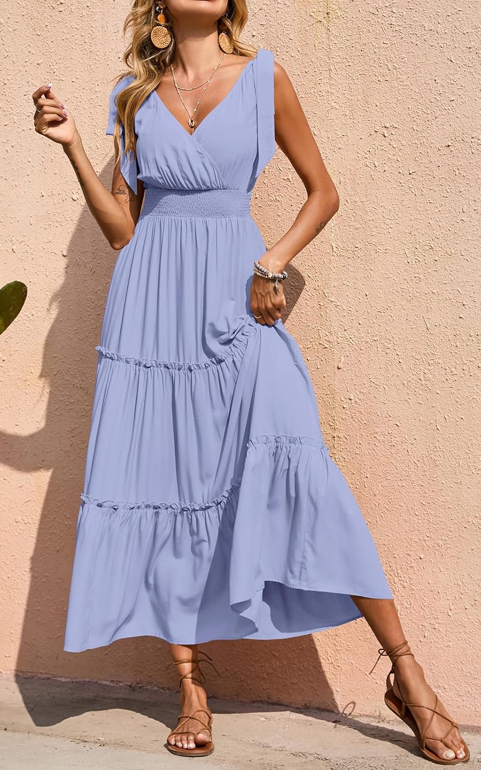 PRETTYGARDEN Women's Cross Neck Spring Sleeveless Tiered Maxi Dress Beach Tie Strap Smocked Long Dresses Pleated Sundress - Image 2