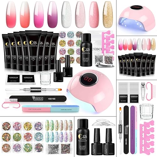Kit de uñas de poligel con lámpara UV para principiantes, 8 colores, extensión de uñas, gel que cambia de color con solución deslizante, 12 piezas