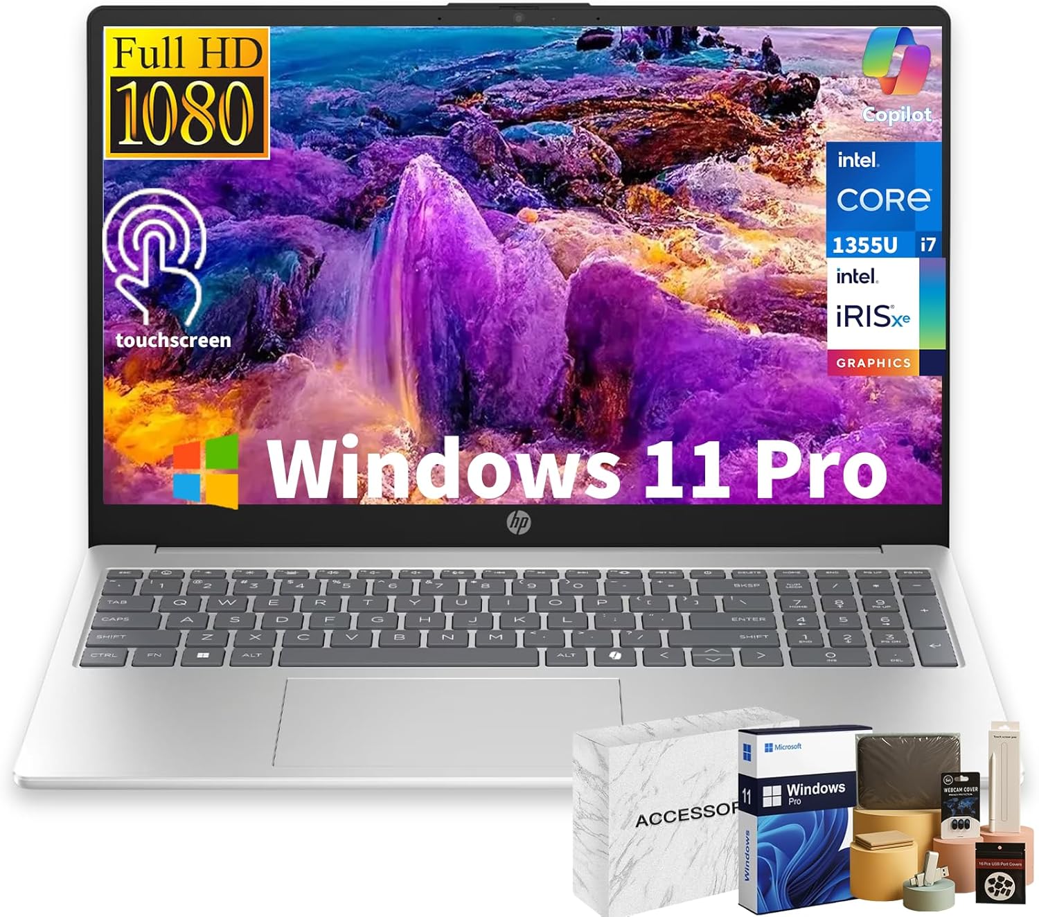 HP 15 Touchscreen Laptop Computer - 15.6" FHD IPS, Intel 10-Core i7 1355U CPU, 64GB RAM + 2TB SSD, Intel Iris Xe Graphics, Numeric Pad, WIFI6, Copilot AI PC, Win11 Pro, w/Accessoires