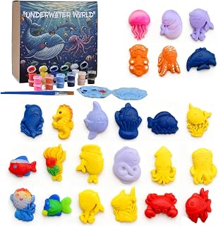 GloomGlo Kids Ocean Theme Paint Set - 24 Sea Creatures Plaster Painting Kit with Paint Colors, Brushes & Palettes | Kids Arts Crafts Supplies
