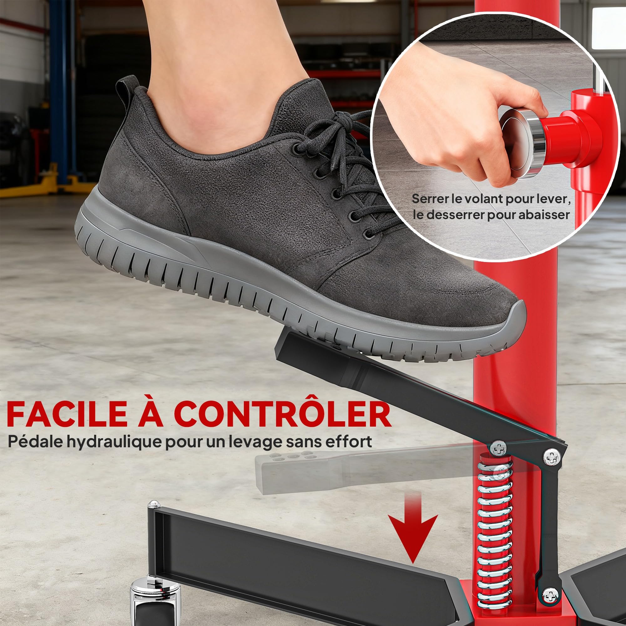 HOMCOM Cric idraulico per cambio, cric di sollevamento in acciaio 500 kg, altezza regolabile 110-191,5 cm, cric idraulico per cambio 4 ruote, pedale, per auto, rosso