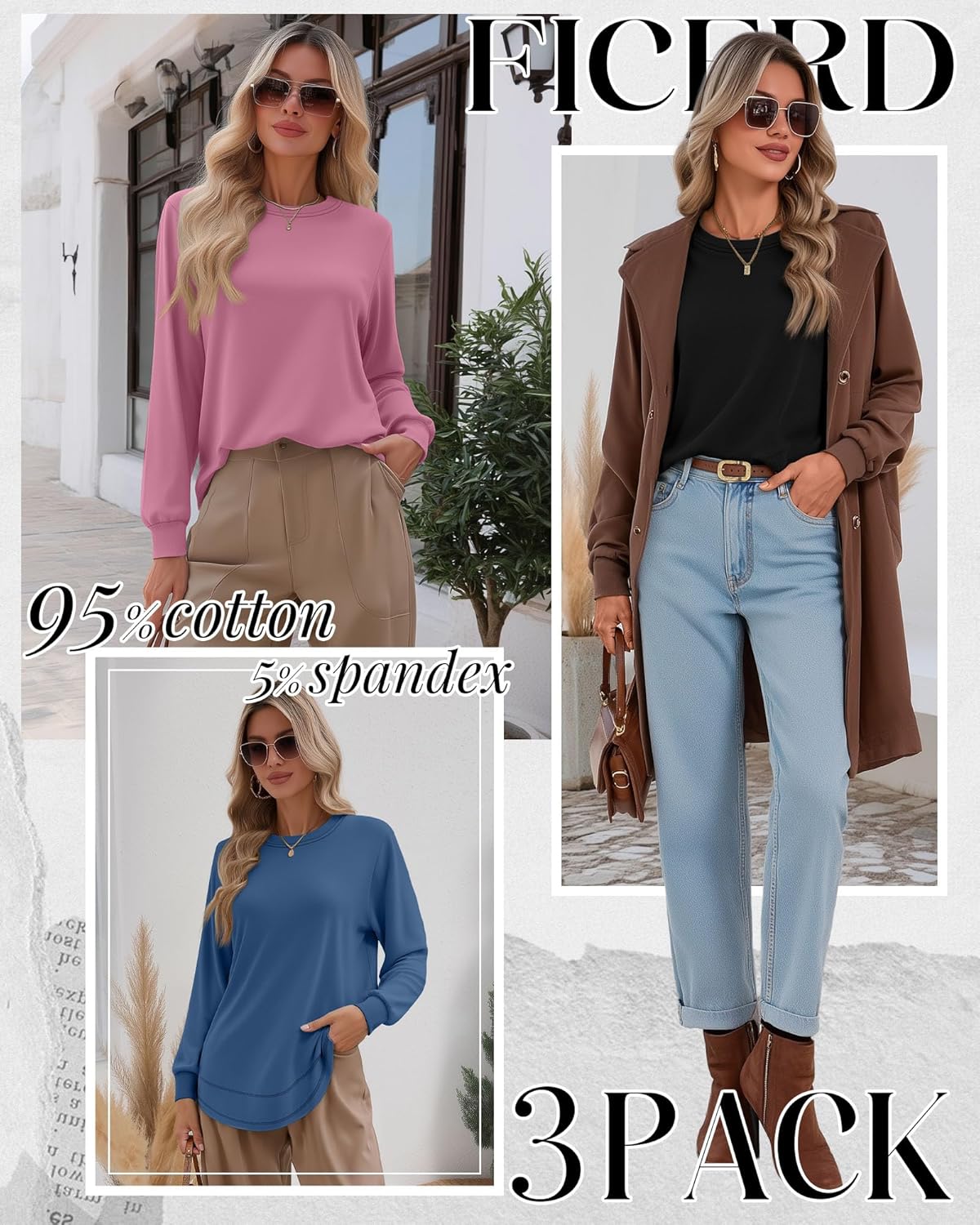 Ficerd 3 Pack Women's Long Sleeve Shirts, Cotton Crew Neck Tunic Tops Casual Loose Fit Pullover Sweatshirts Curved Hem Shirts - Image 2
