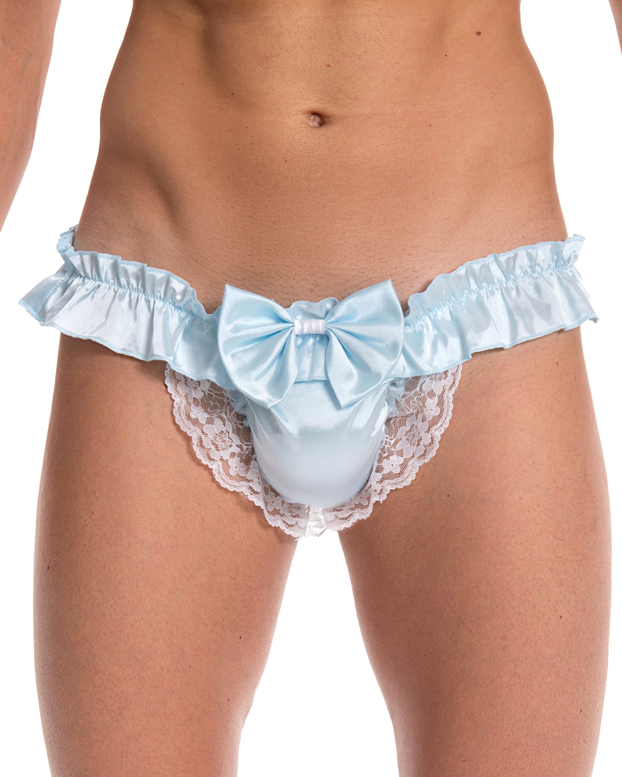 Satini Men's Baby Blue Satin Ruffle Bow Thong, S