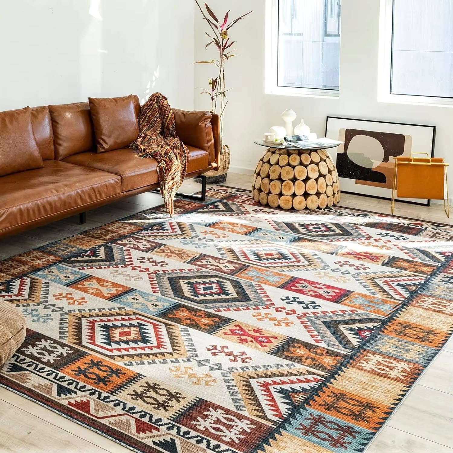 Tapis de Salon marocain antidérapant Style bohème, Tapis de Chambre à Coucher à Motifs géométriques, Lavable en Machine et Pliable (150 x 240 cm)