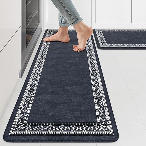 KIMODE Anti Fatigue Kitchen Mats for Floor 17"x47"+17"x29", Cushioned Farmhouse Kitchen Rugs, Non Slip Waterproof Kitchen Floor Mats, Comfort Standing Mats for Laundry Office Sink Desk Dark Blue