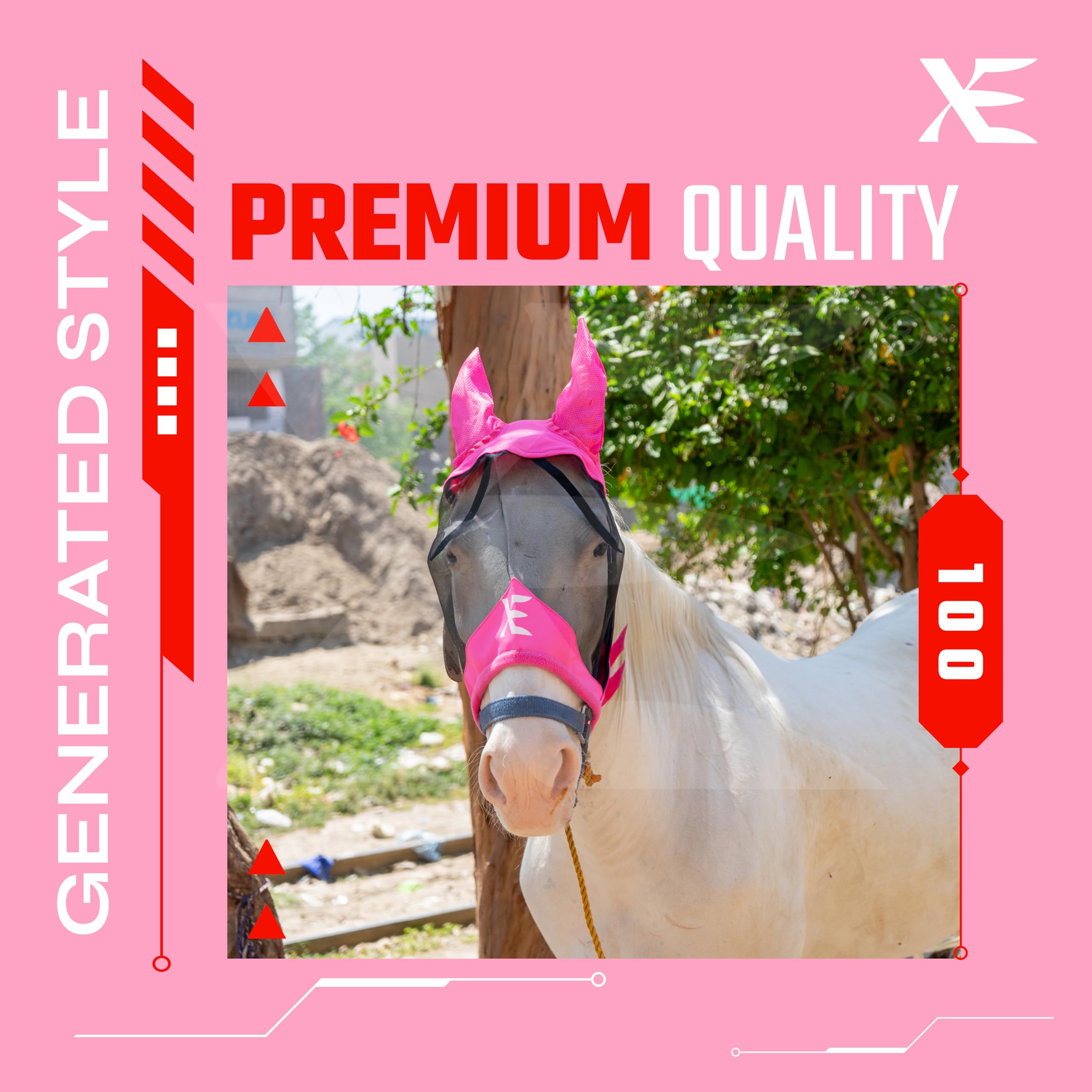 XE Máscara contra Moscas de Caballo con Orejas – Máscara de Caballo de Malla Transpirable para Cara Completa y Nariz para Protección UV y Mosca, Máscara Caballo (Half Pink Mask, COB (M))