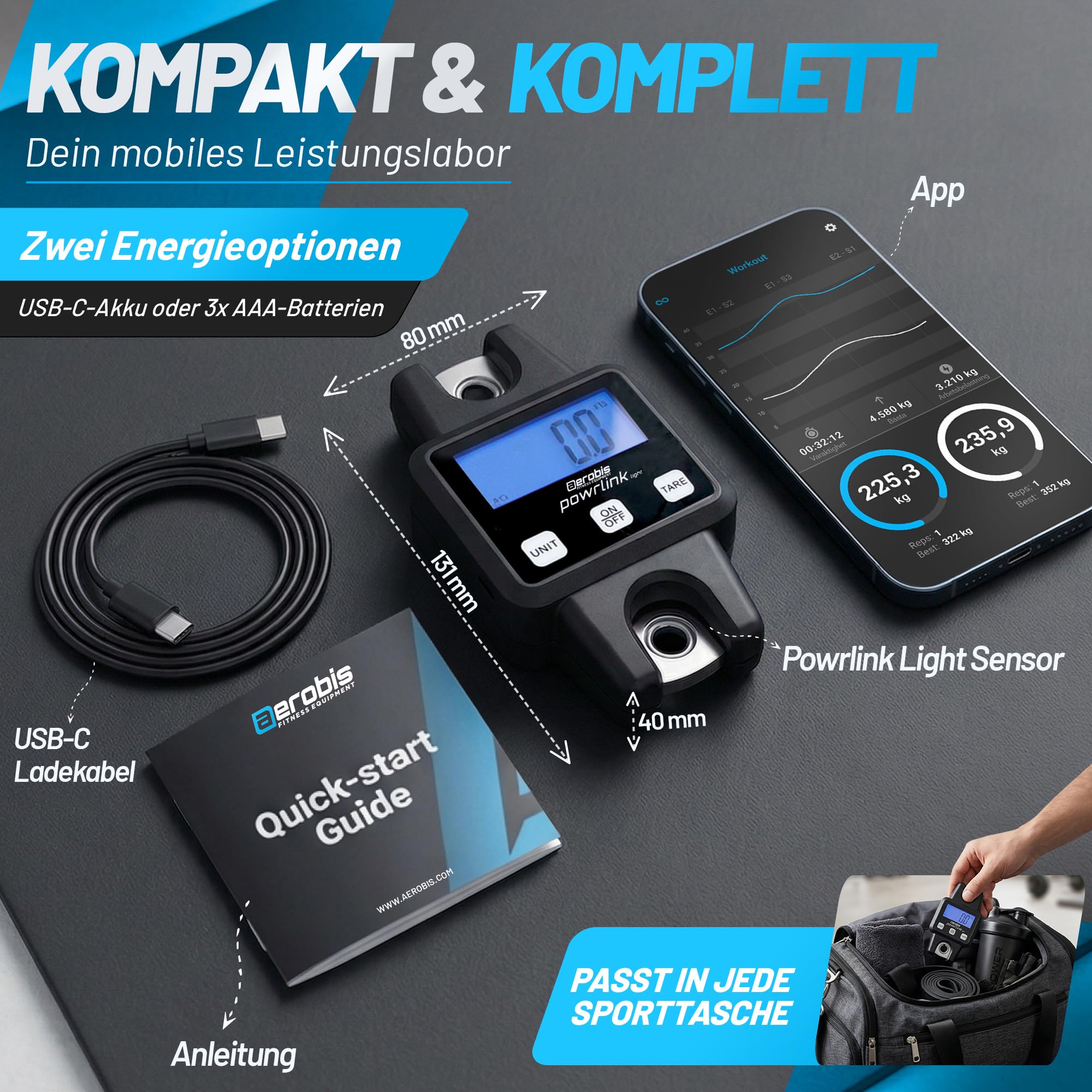aerobis® Powrlink Light – Fitness Tracker bis 600 kg – Echtzeit-Kraftmessung & Maximalkraft-Testgerät – Tragbar, Präzise & Appgesteuert – für Seiltrainer, Slingtrainer & Powerbands