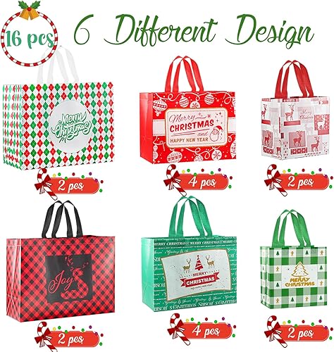 Miniatura 7 de ANYGIFT 16 bolsas de regalo de Navidad reutilizables, varios tamaños, no tejidas, impermeables, extra grandes, medianas y pequeñas, paquete a granel
