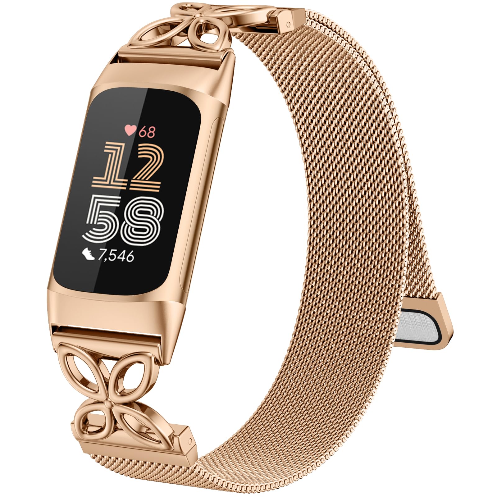 Oielai Metal Band Compatible with Fitbit Charge 6 Strap for Women, Floral Magnetic Stainless Steel Mesh Loop Replacement Wristband for Fitbit Charge 5 Strap, RoseGold