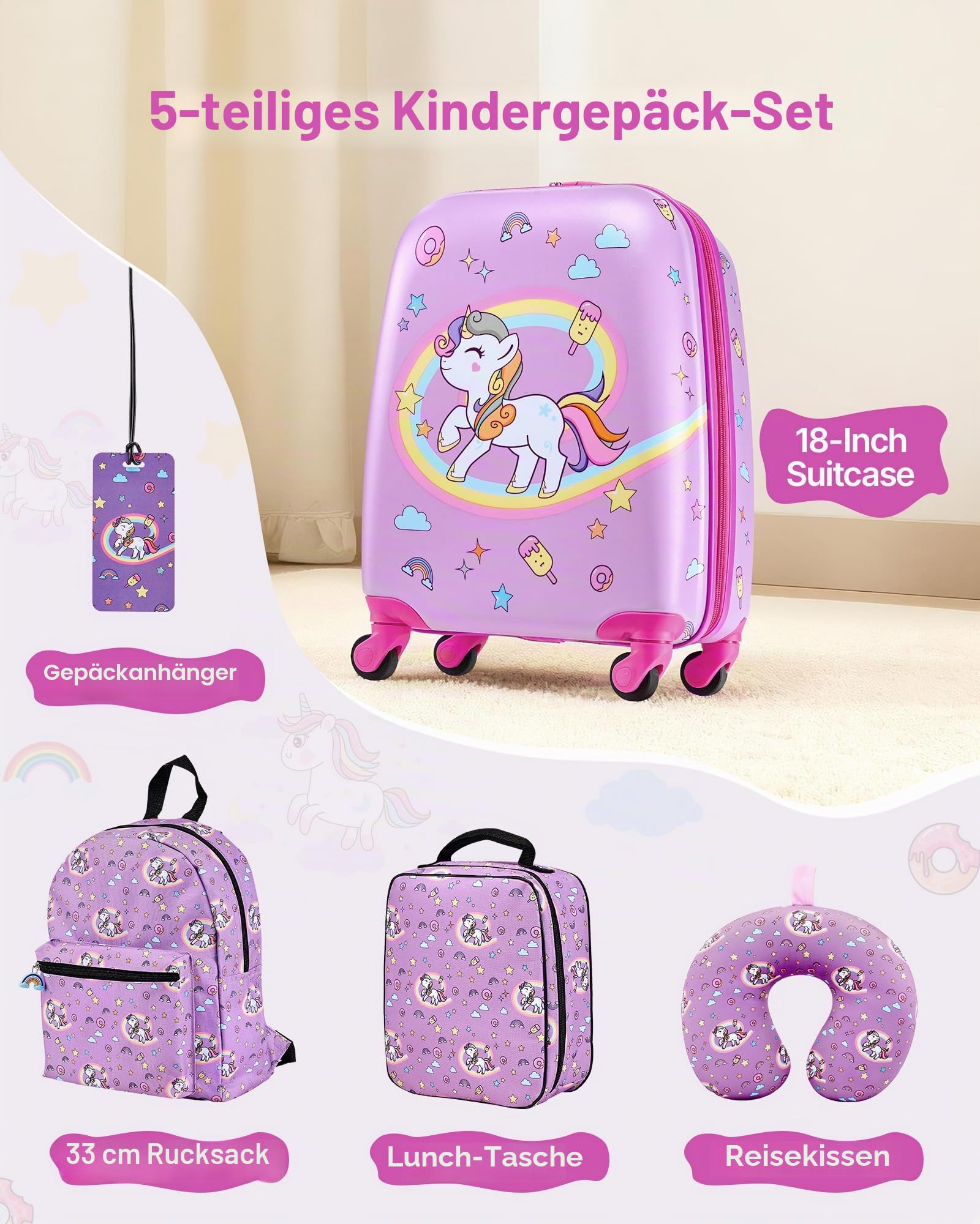 VEVOR 5 TLG. Kinderkoffer Set, 457,2 mm, Hartschalenkoffer mit Kindertrolley, Rucksack, Nackenkissen, Lunchbox & Kofferanhänge, Kofferset fürJungen & Mädchen, praktisch für Reisen Fliegen (Einhorn)