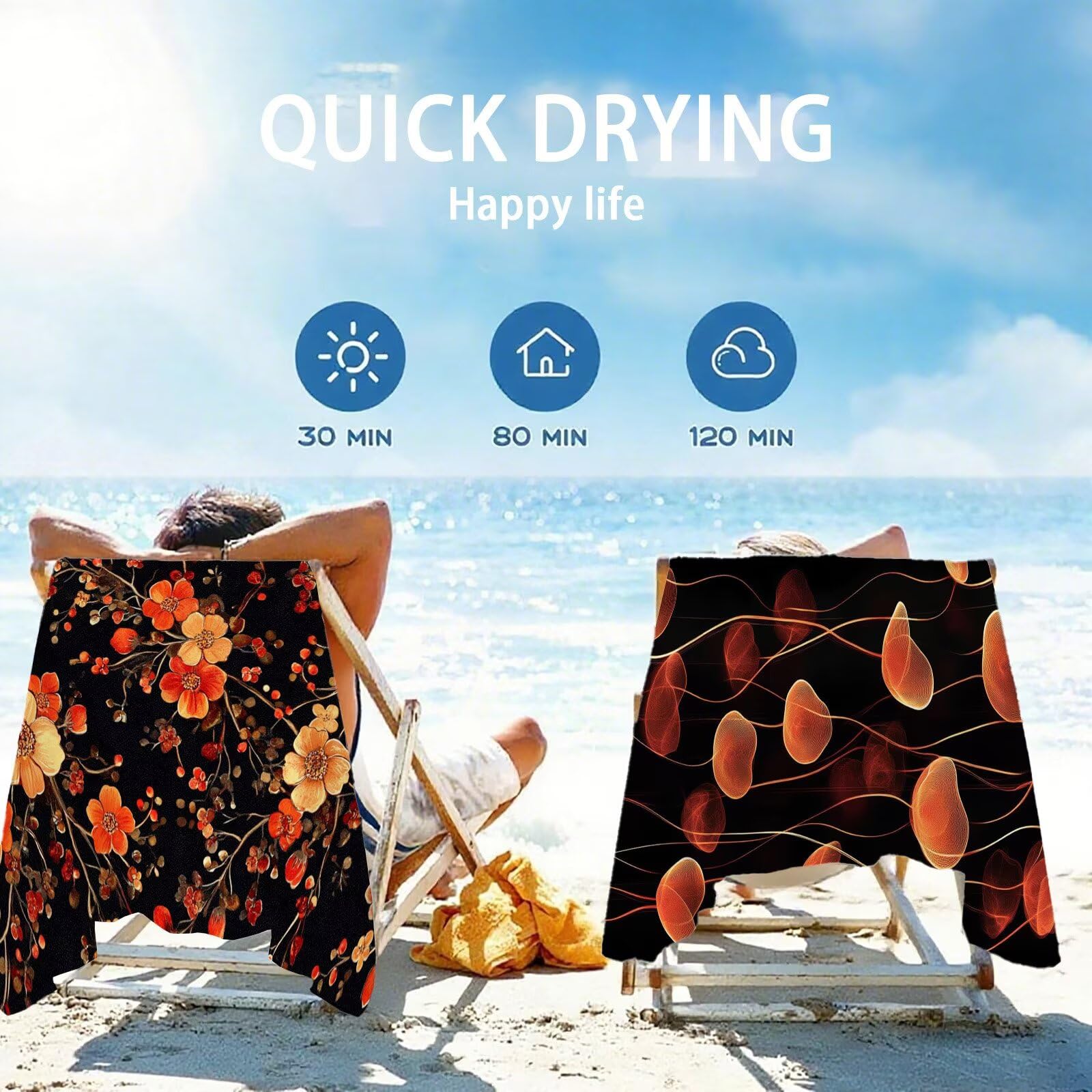 Ręcznik plażowy z mikrofibry, 85 x 170 cm, kwiatowy ręcznik plażowy w stylu retro, do sauny, bez piasku, szybkoschnący, chłonny ręcznik plażowy, ręcznik sportowy na podróż, urlop, do pływania, na