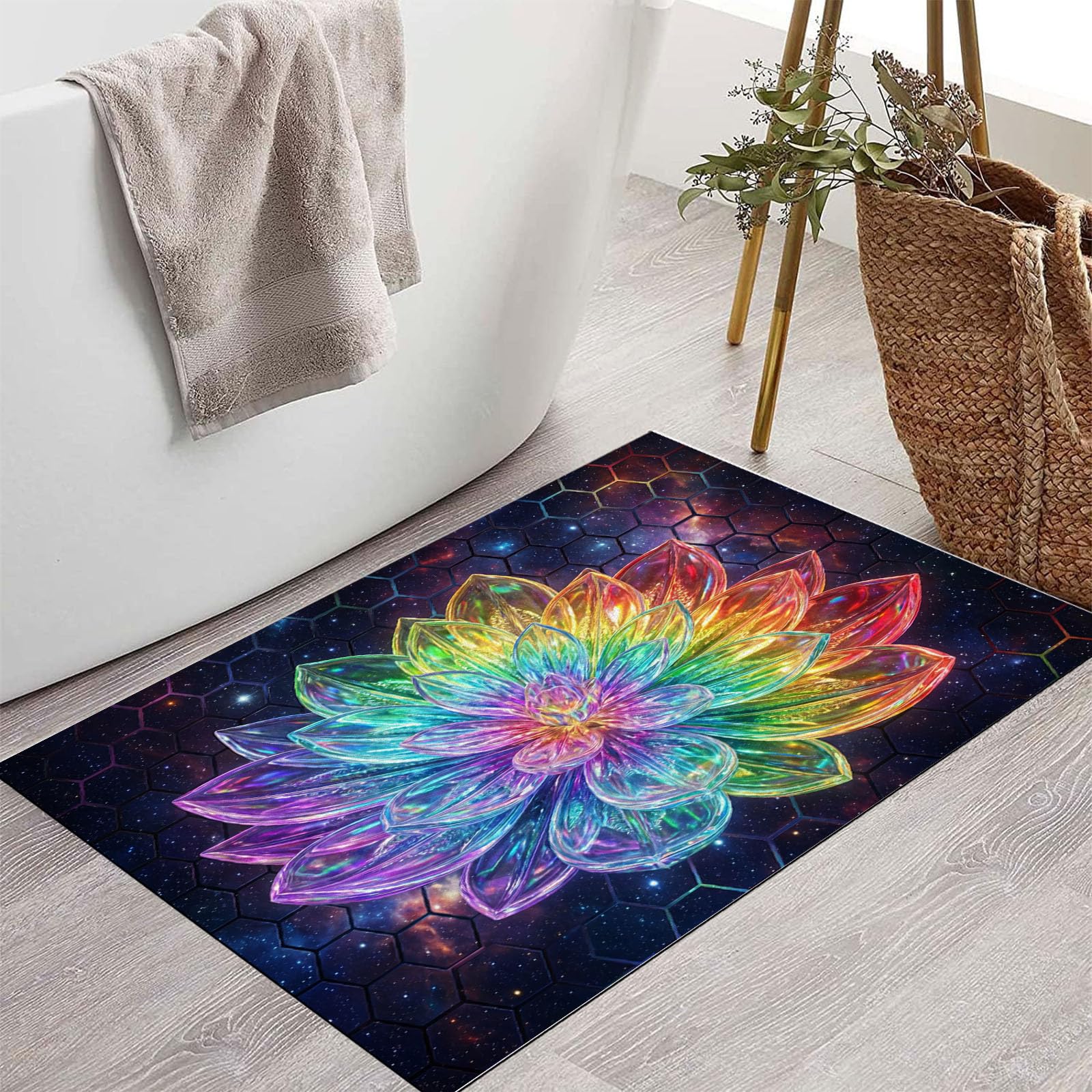 80X120Cm Zerbino Ingresso Interno Antiscivolo Assorbente, Tappeto Microfibra Sottile Lavabile Con Loto Cristallo Arcobaleno 3D Piante Del Futuro Cielo Stellato Per Cucina Bagno Porta Animali, Nero
