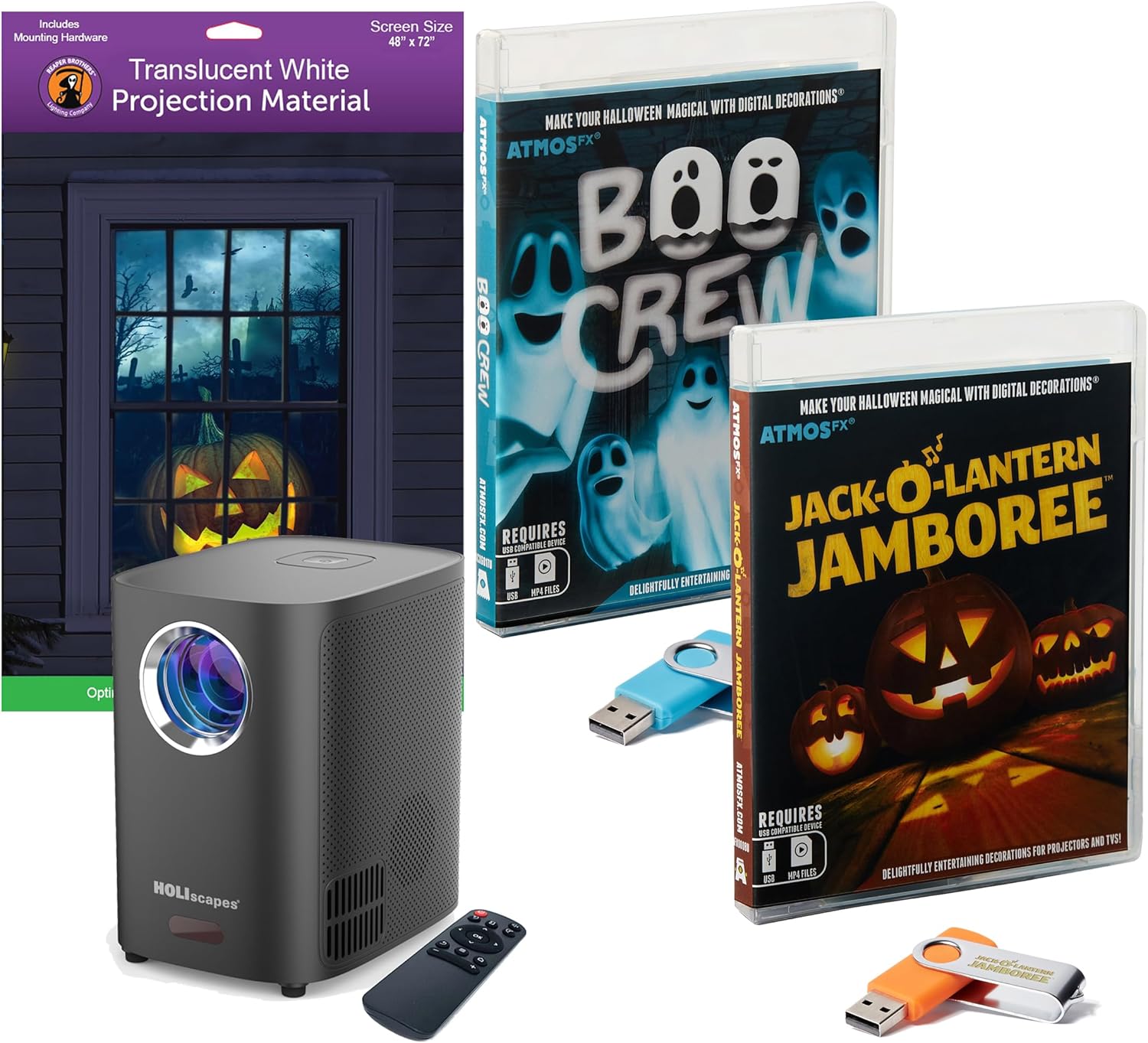 HoliScapes® USB Projector Kit - AtmosFx Boo Crew plus Jack-O-Lantern Jamboree on USB + Projector + 48" x 72" Large White Holographic Screen for Halloween Projection
