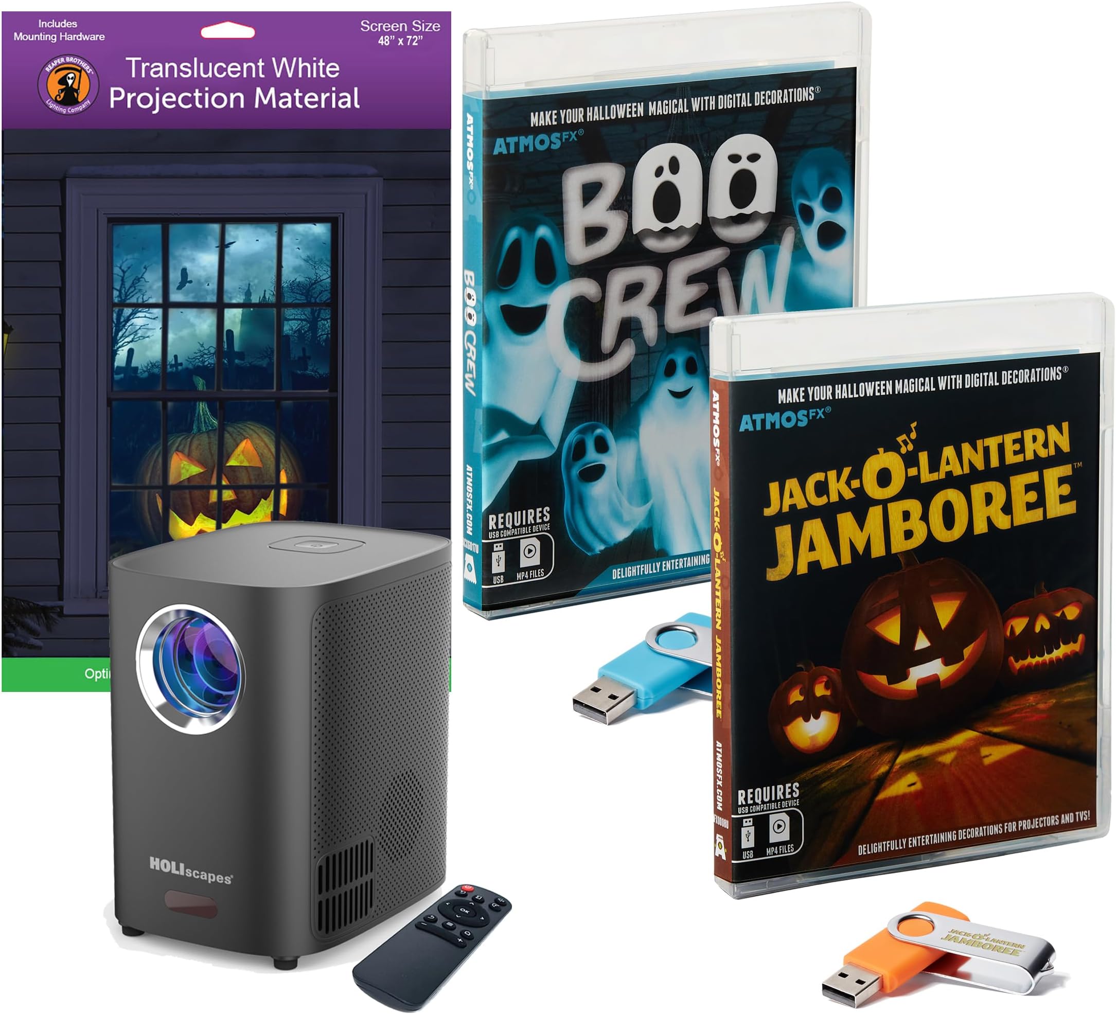 HoliScapes® USB Projector Kit - AtmosFx Boo Crew plus Jack-O-Lantern Jamboree on USB + Projector + 48" x 72" Large White Holographic Screen for Halloween Projection