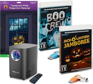 HoliScapes USB Projector Kit - AtmosFx Boo Crew plus Jack-O-Lantern Jamboree on USB + Projector + 48" x 72" Large White Holographic Screen for Halloween Projection