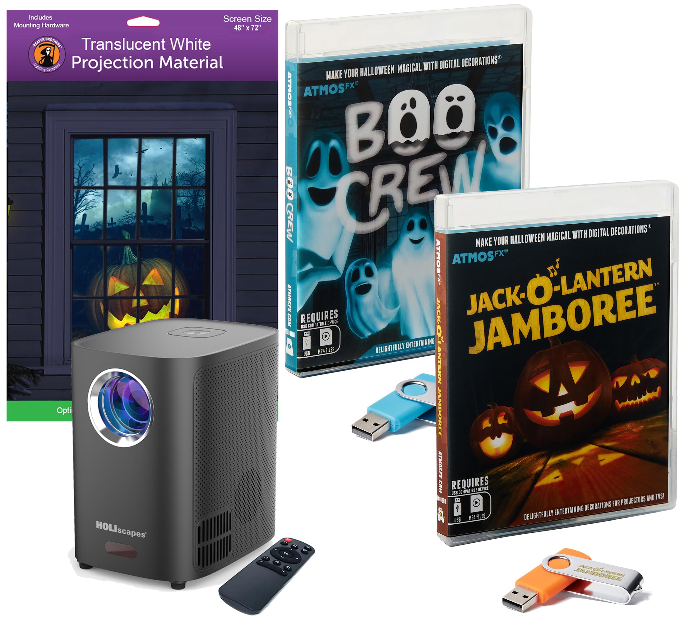 HoliScapes® USB Projector Kit - AtmosFx Boo Crew plus Jack-O-Lantern Jamboree on USB + Projector + 48" x 72" Large White Holographic Screen for Halloween Projection