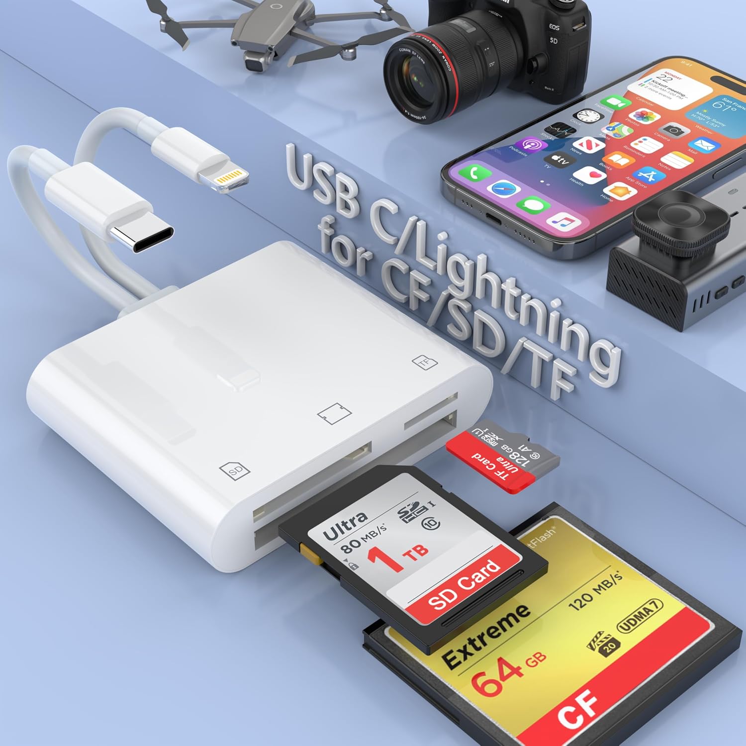 Lettore di schede di memoria USB C + da Lightning a CF/SD/Micro SD per iPhone/iPad, adattatore da fotocamera Compact Flash Apple a telefono, visualizzatore digitale Trail per iPhone 15/14/iPad/MacBook Pro/Air iMac M1/2