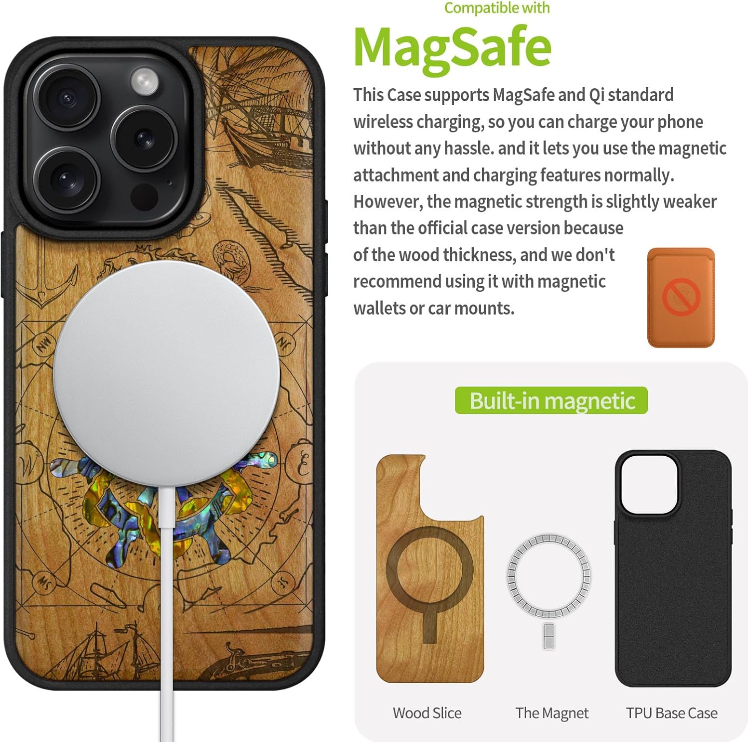 Carveit Magnetic Case for iPhone 16 Pro Case, Wood Artisan Engraved & Handmade Shell Inlaid, TPU Shockproof Cover, Compatible with MagSafe Wireless Chargers (Vintage Wooden Wheel) Cherry