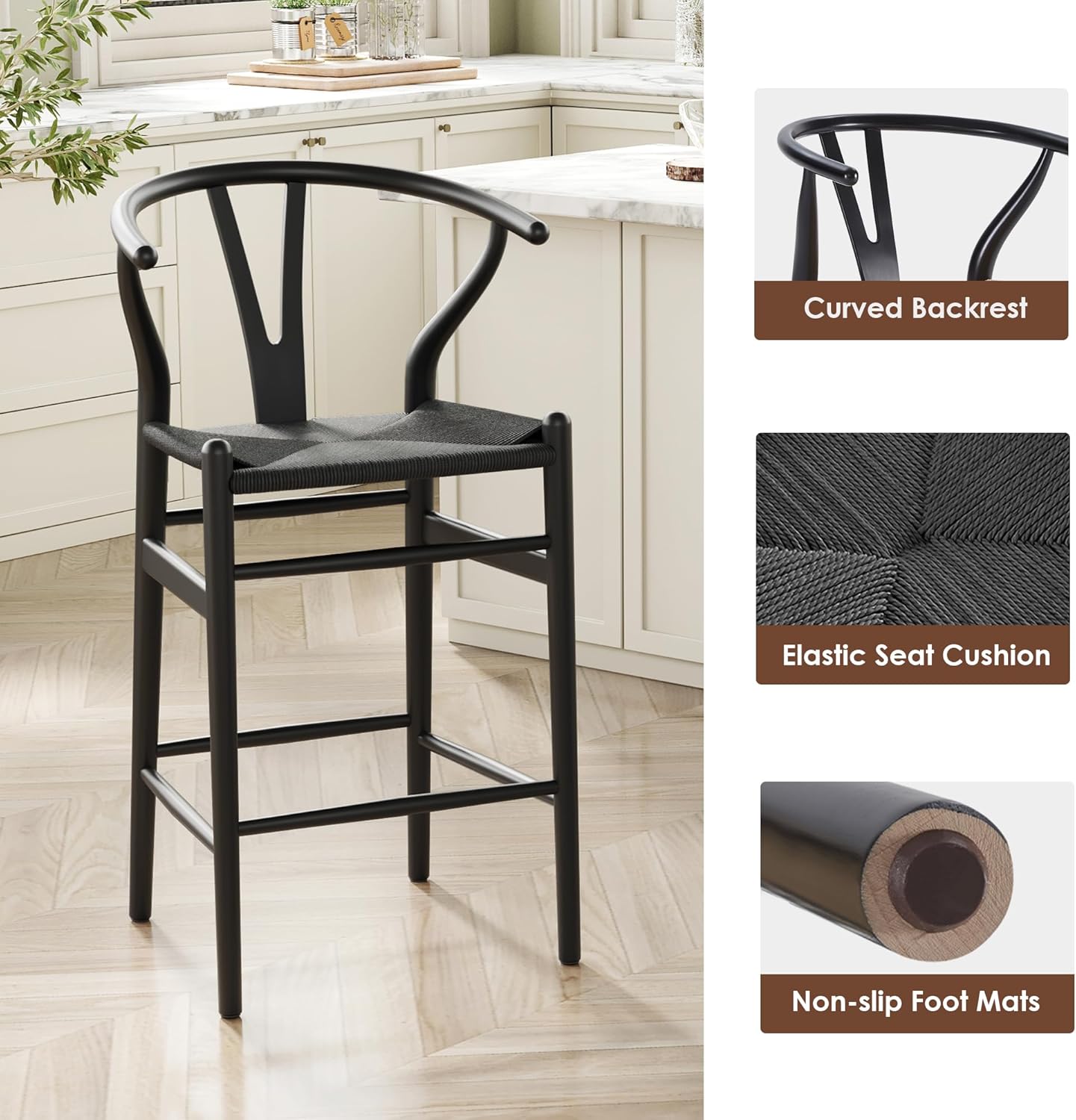STARY Wood Counter Stool, Solid Wood Frame with Handwoven Rope Seat, Rustic Farmhouse Bar Stool for Kitchen Island and Dining Counter