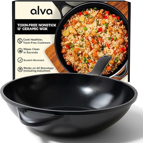 Alva Energy Wok antiadherente de cerámica de 12 pulgadas, sin PFAS, sin PFOA/PTFE, aluminio reciclado, resistente a los arañazos y a la deformación,