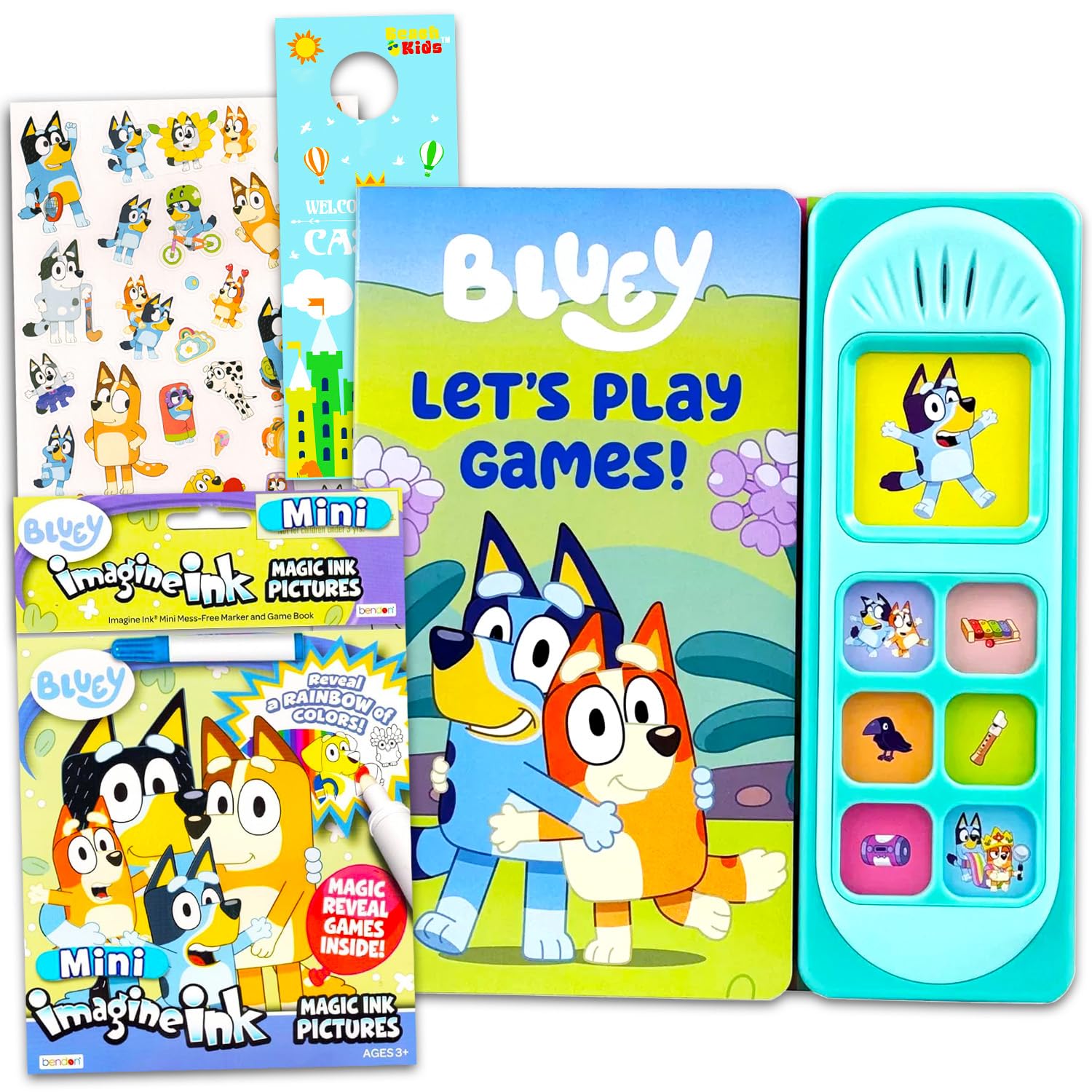 Bluey Sound Book for Toddlers - Activity Bundle with Interactive Learning Sound Book with Buttons Plus Coloring Pages, Stickers, Door Hanger | Bluey Let's Play Games Gifts for Kids, Boys, Girls