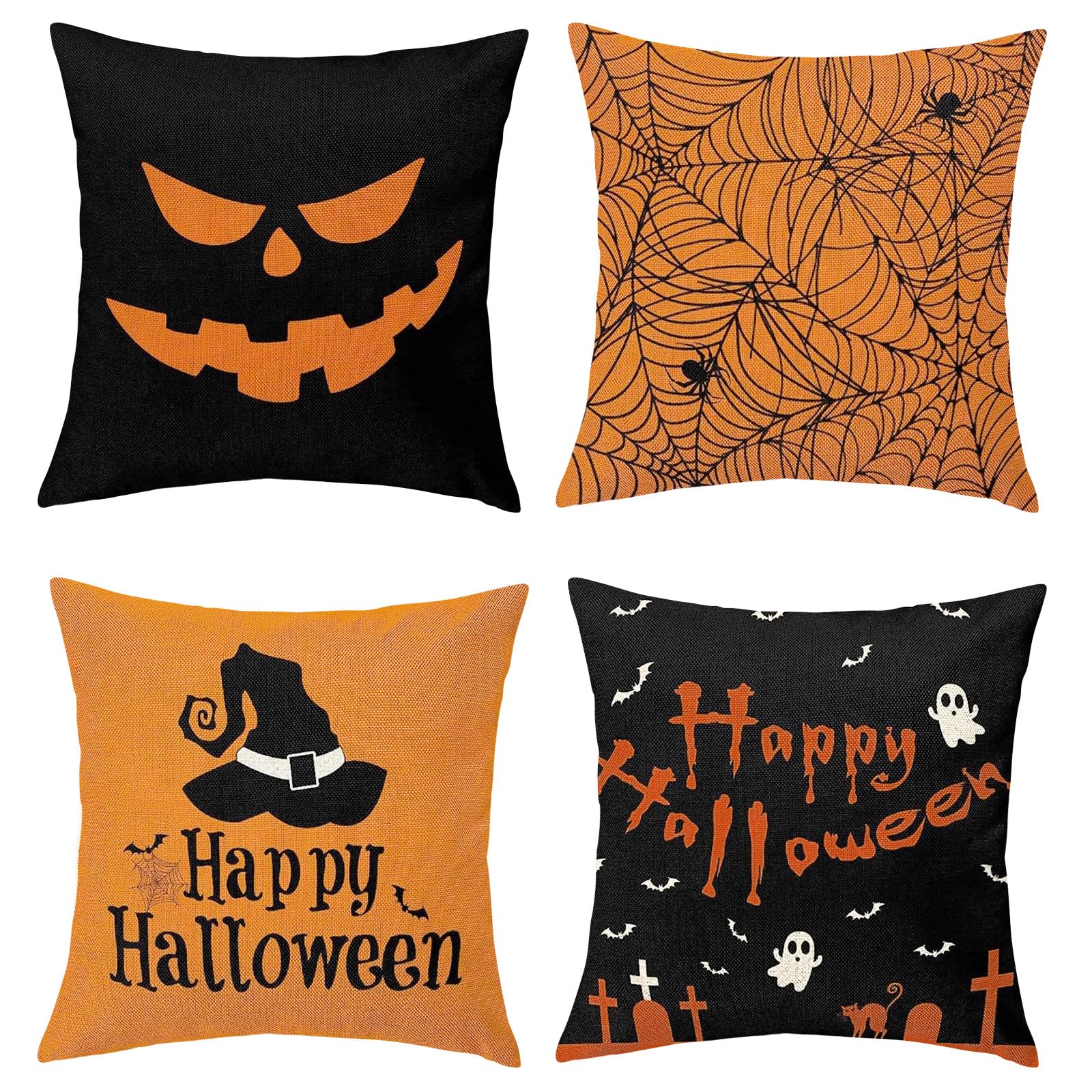 Joymaison Happy Halloween Spooky Ghost Throw Pillow Covers 18x18 Inch Set of 4 Spiderweb Bats Witch Hats Cushion Covers Home Decor for Couch Cushion Cases